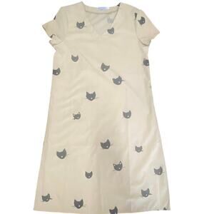 Misslook Cat Print Dress Beige Short Sleeve V-Neck Size L